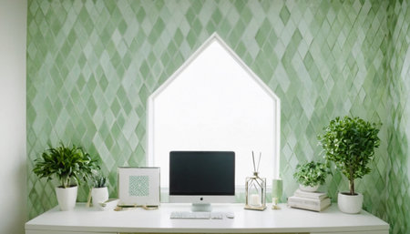 Workspace with computer on white table and green wall at home officeの素材