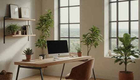 Comfortable workplace with computer on table in modern office. Interior designの素材
