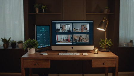 Video call business people meeting on virtual workplace or remote office. Telework conference call using smart video technology to communicate colleague in professional corporate business.の素材