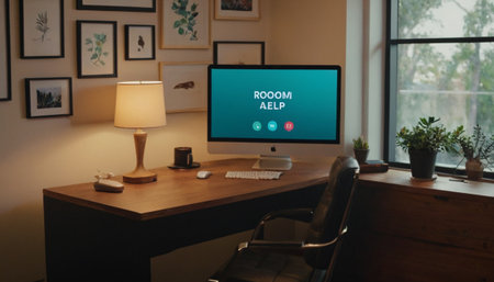 Workplace with computer and table lamp on wooden table in living roomの素材