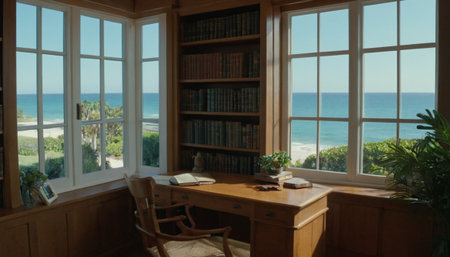 Wooden desk with books on the background of the sea and skyの素材