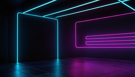 3d render, abstract background with neon lights, empty room.の素材