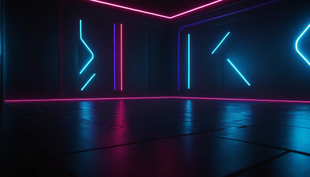3D abstract background with neon lights. Empty dark room with neon lights. 3d illustrationの素材