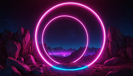 Neon circle. 3d rendering. Futuristic scene with neon circle.の素材