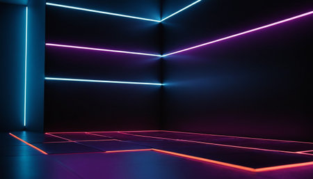 3d rendering, empty room with neon light, abstract background.の素材