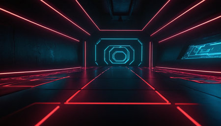 3D rendering. Futuristic scifi tunnel corridor with neon lights.の素材