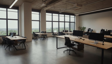 Interior of modern open space office with wooden walls, concrete floor and rows of computer tables with chairsの素材