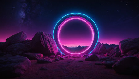 3D rendering of an alien planet with neon lights. 3D illustrationの素材