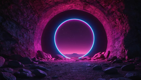 3D rendering of a tunnel with neon lights and rocks at nightの素材