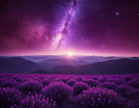 Fantasy landscape with purple flowers and starry sky. 3D renderingの素材