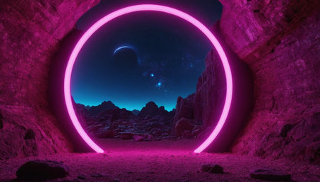 Neon tunnel in the mountains. Futuristic background. 3d renderingの素材