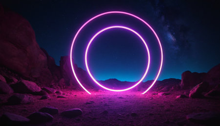 Neon circle. 3d rendering. Futuristic space background.の素材