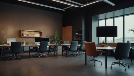 Modern coworking office interior with computers and city view. 3D Renderingの素材