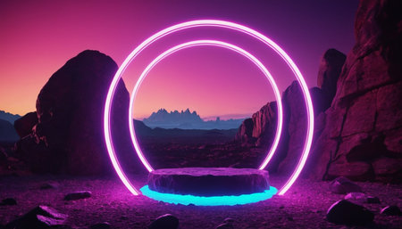 3d rendering of a fantasy landscape with a neon ring in the middleの素材