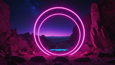 3D rendering of a fantasy landscape with neon lights and a lakeの素材