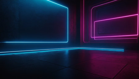 3D rendering. Futuristic background with neon lights. Empty dark roomの素材