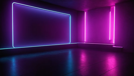 3d rendering. Futuristic interior with neon lamps. Empty room with purple lighting.の素材