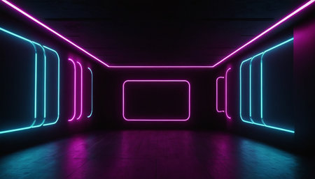 3D abstract background with neon lights. neon tunnel.space construction. 3d illustrationの素材