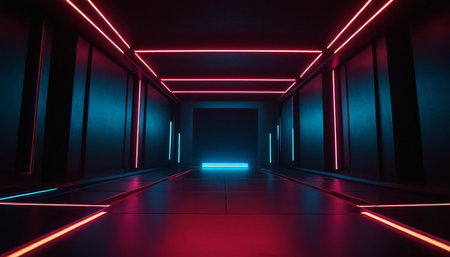 Futuristic dark corridor with glowing neon lights. 3D renderingの素材