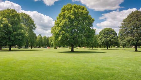 Panoramic view of a park with green grass and trees.の素材