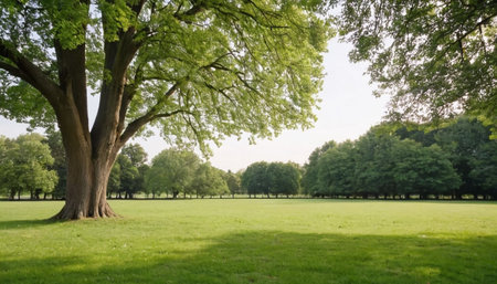 Green park with big tree and green grass. Beautiful summer background.の素材