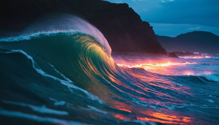 Surfing ocean wave at sunset time. Beautiful landscape with breaking waveの素材