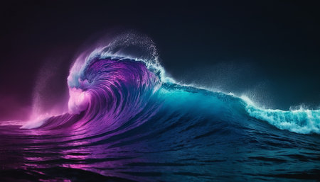 Surfing ocean wave at night time. 3D Rendering.の素材
