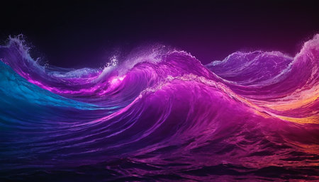 3D Illustration of a Blue Water Wave with Purple and Pink Colorsの素材