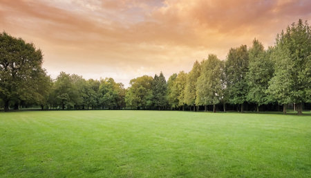 Landscape with green grass and trees in park at sunset time.の素材