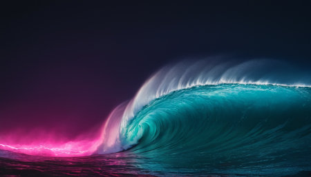 Blue ocean wave with pink and purple light. 3D Renderingの素材