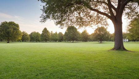 Beautiful green meadow with trees in the park at sunset.の素材