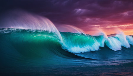 Surfing ocean wave at sunset. 3D Rendering effect.の素材