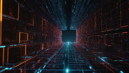 Futuristic cyberspace background with glowing lights 3d renderingの素材