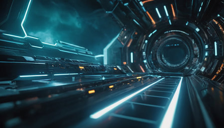 Futuristic scifi tunnel corridor with glowing lights 3D renderingの素材