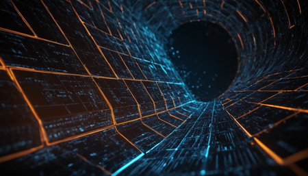 3D Illustration of a Futuristic Tunnel with Digital Particlesの素材