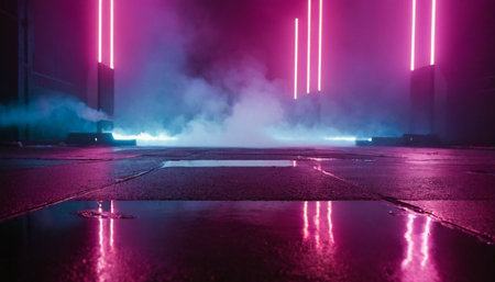 Foggy city street at night with neon lights. Abstract backgroundの素材