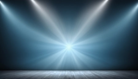 Blue stage with spotlights and wooden floor. Stage background. 3D renderingの素材