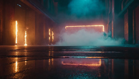 abstract scene of a foggy street in the city at nightの素材