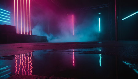 Night scene with neon lights and reflections on wet asphalt. Abstract backgroundの素材
