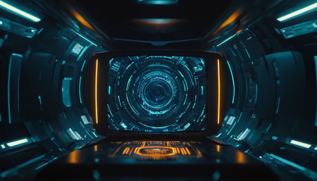 Futuristic dark blue spaceship interior with glowing neon lights 3D renderingの素材