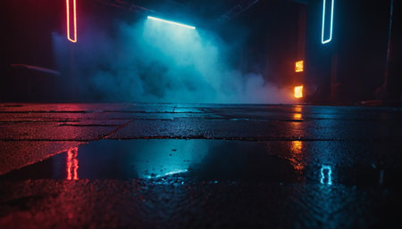 Wet asphalt road in the dark with neon lights. Abstract backgroundの素材
