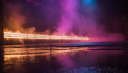 Foggy night in the city. Colorful lights on a dark backgroundの素材