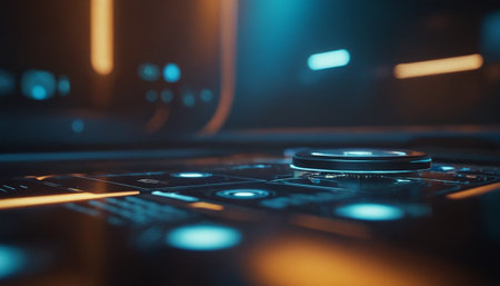 Close up of a professional dj mixer with glowing lights in the darkの素材