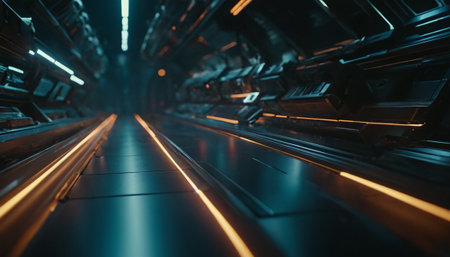 3d rendering of a futuristic corridor in a spaceship. Futuristic corridor with neon lightsの素材