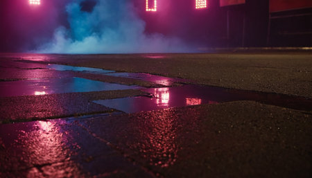 Puddle on the road in the city at night with lights and smokeの素材