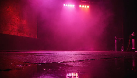 Abandoned building in the dark with red lights and smoke.の素材