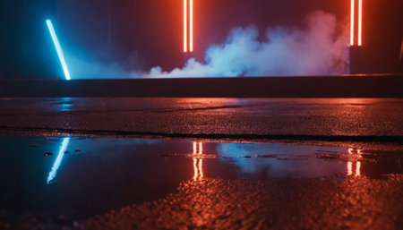 Puddle of water on the road at night with neon lights.の素材