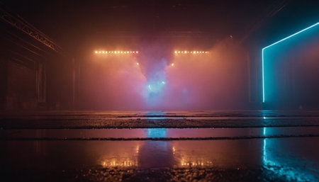 Futuristic dark corridor with neon lights and reflections. 3d renderingの素材