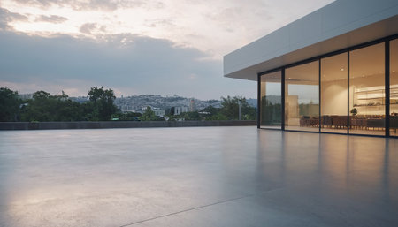 empty concrete floor and modern building with city view in the background.の素材