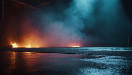 Burning asphalt in the city at night with a lot of smokeの素材